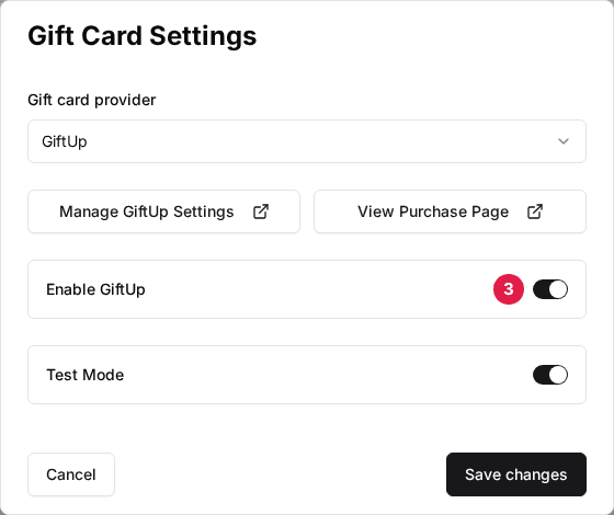 The venue's Gift Card Settings window with the Enable GiftUp switch marked (3)