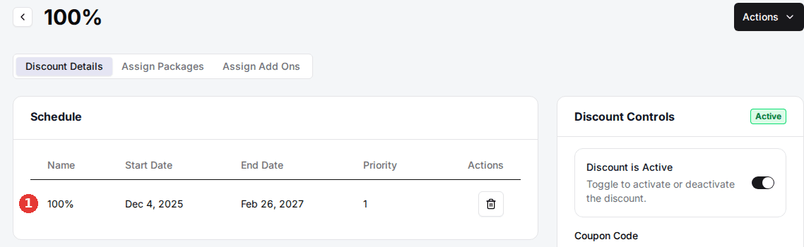 The Schedule card on the Discount Details tab showing the schedule row with its start and end dates