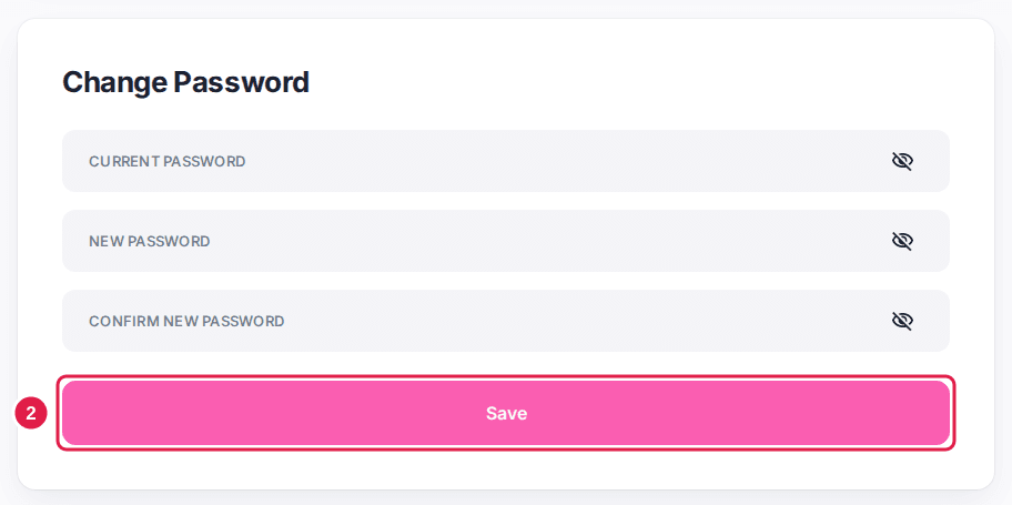 The Change Password card with the Save button outlined below the Current Password, New Password and Confirm New Password fields.