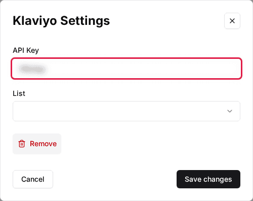 Klaviyo Settings window with the API Key field highlighted (value blurred)