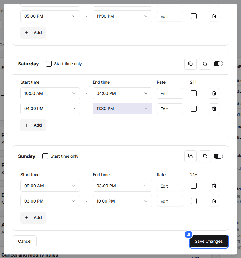 The bottom of the Schedule window with the day cards and the Save Changes button marked