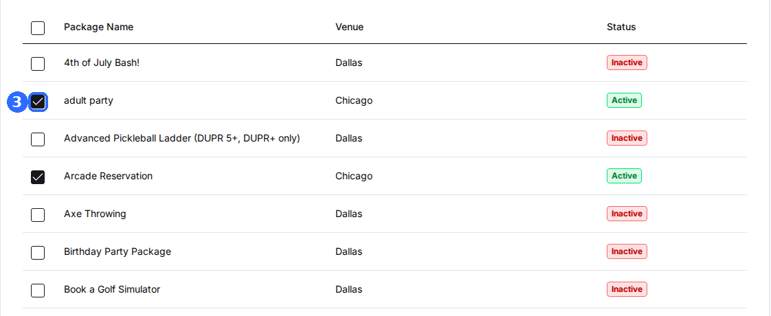 The package table on a discount's Assign Packages tab with two packages ticked and showing Active