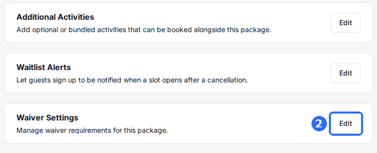 The Additional Activities, Waitlist Alerts and Waiver Settings cards on a package page, each with an Edit button