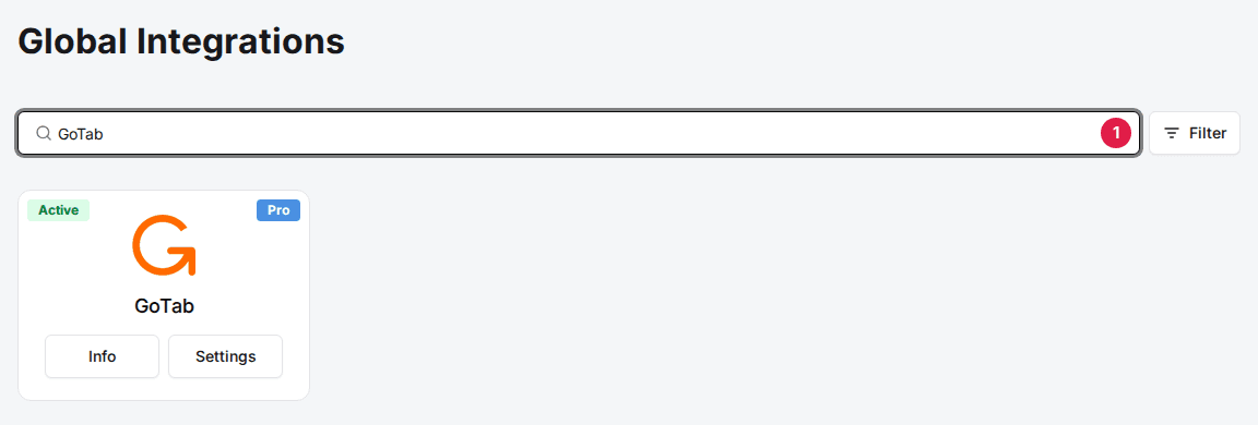 Global Integrations page with GoTab typed in the search box (1) and the GoTab card below