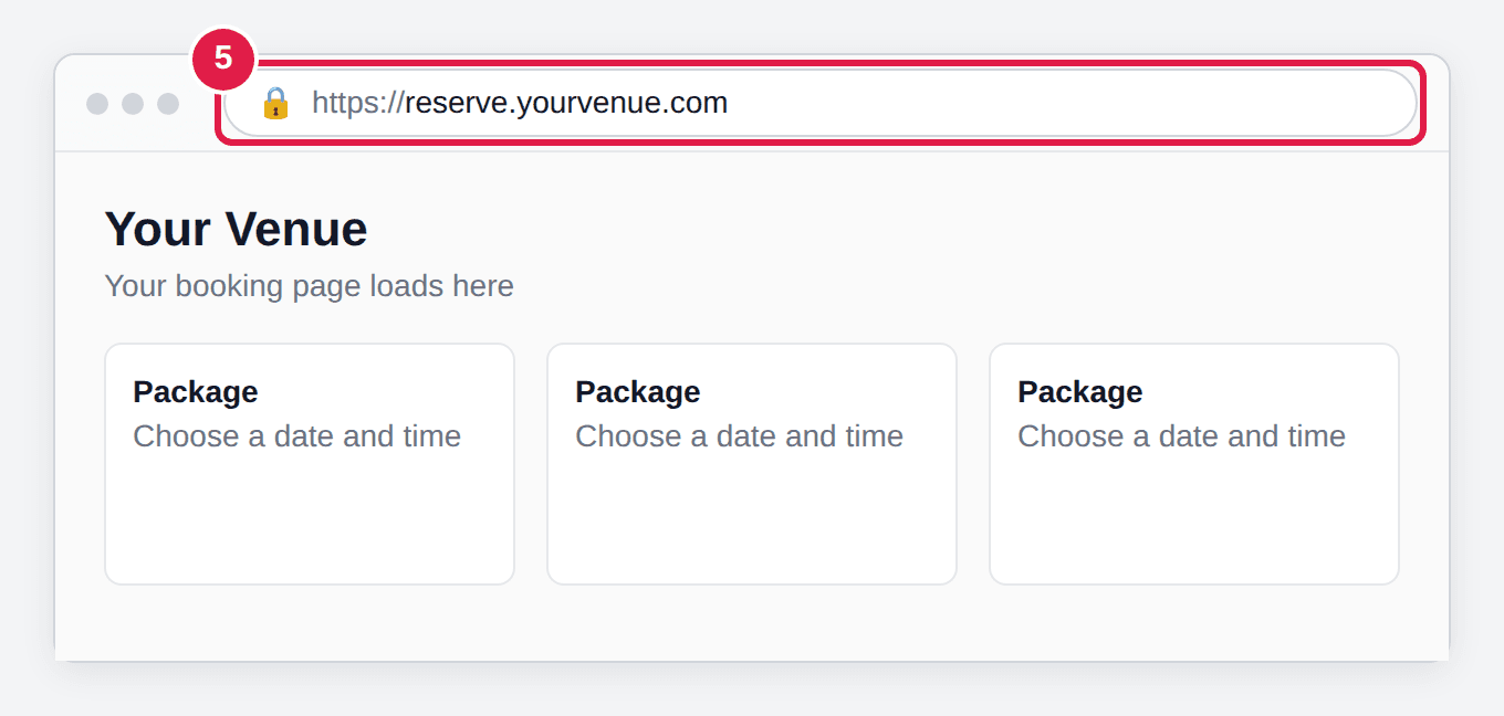 Illustration: a browser address bar showing a padlock and https://reserve.yourvenue.com above the loaded booking page