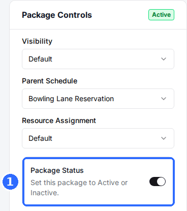 The Package Controls card with the Package Status toggle switched on and an Active badge.