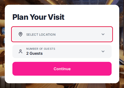 The guest site's Plan Your Visit screen with the Select Location dropdown outlined above Number of Guests and Continue.
