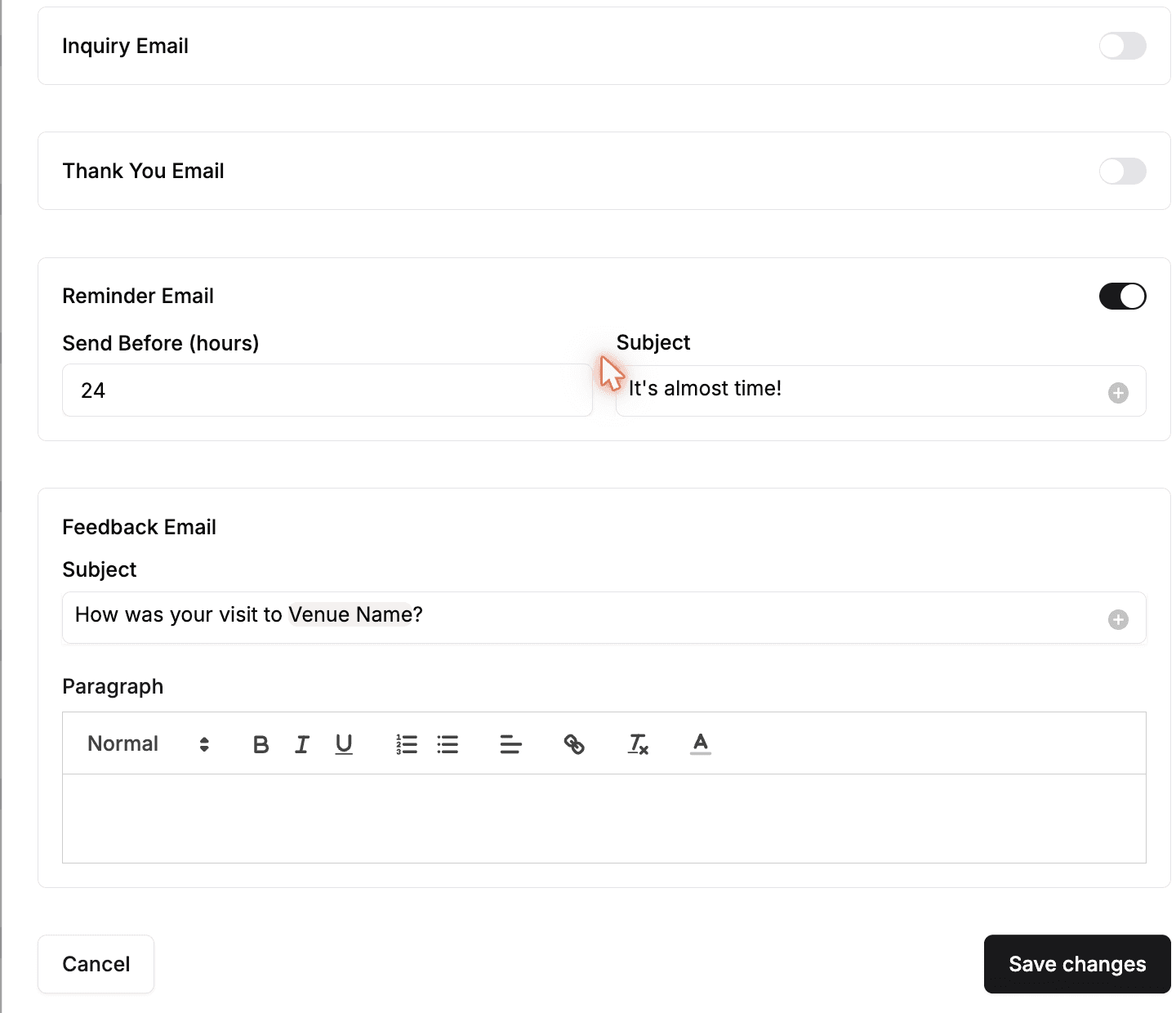 The Edit Emails window with toggles for Inquiry Email, Thank You Email, and Reminder Email (on, with Send Before hours and Subject), plus a Feedback Email subject and message.