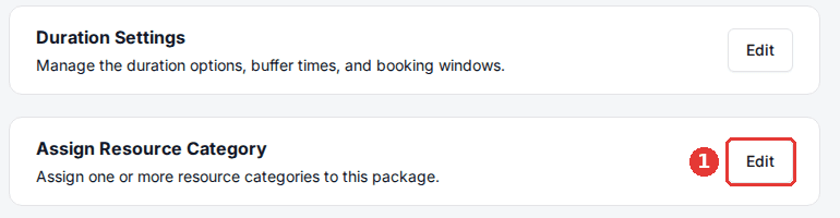 Package page with the Edit button on the Assign Resource Category card highlighted