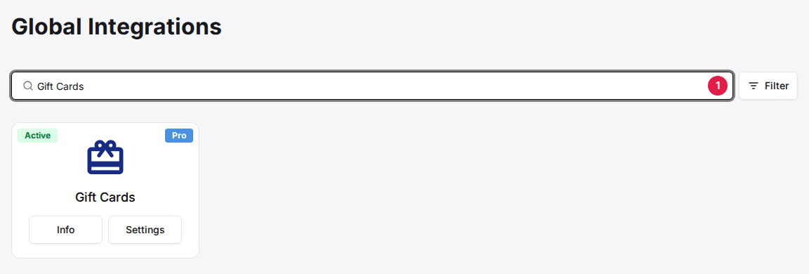 Global Integrations page with Gift Cards typed in the search box (1) and the Gift Cards card below