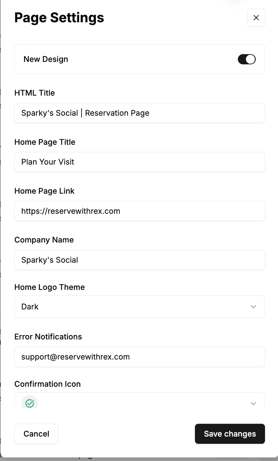 The Page Settings modal with the HTML Title, Home Page Title, Home Page Link, Company Name, Home Logo Theme, and Confirmation Icon fields
