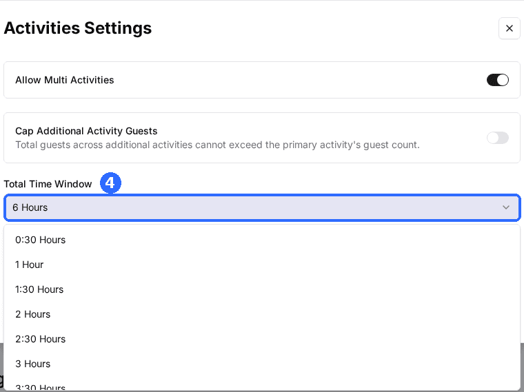 The Activities Settings window with the Total Time Window dropdown open, listing durations from 0:30 Hours upward.