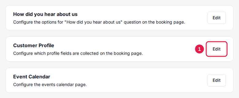 The Global Settings page with the Edit button on the Customer Profile card highlighted, between How did you hear about us and Event Calendar
