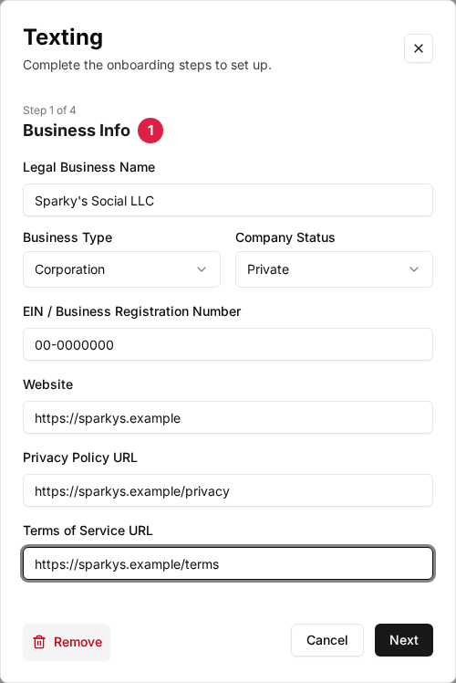The Texting setup wizard on Step 1 of 4, Business Info (1), with demo values in Legal Business Name, EIN, Website and the policy URLs
