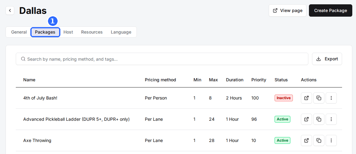 The Dallas venue page with the Packages tab selected, showing the package list with name, pricing method, guest limits, duration, priority and status columns.