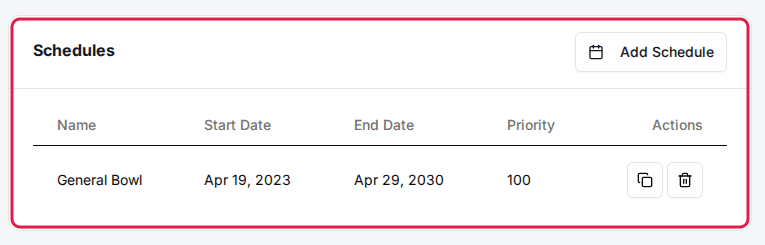 The Schedules card on a package page, listing a schedule's name, start and end dates and priority, with the Add Schedule button.