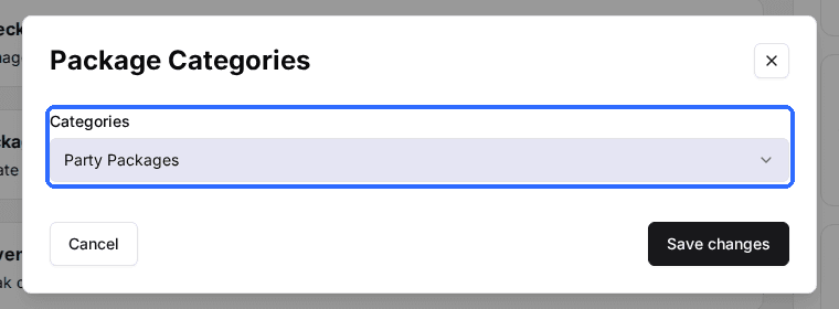 A package's Package Categories window with Party Packages selected in the Categories field