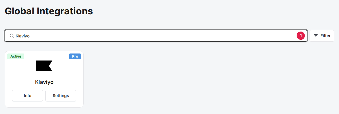 Global Integrations page with Klaviyo typed in the search box (1) and the Klaviyo card below