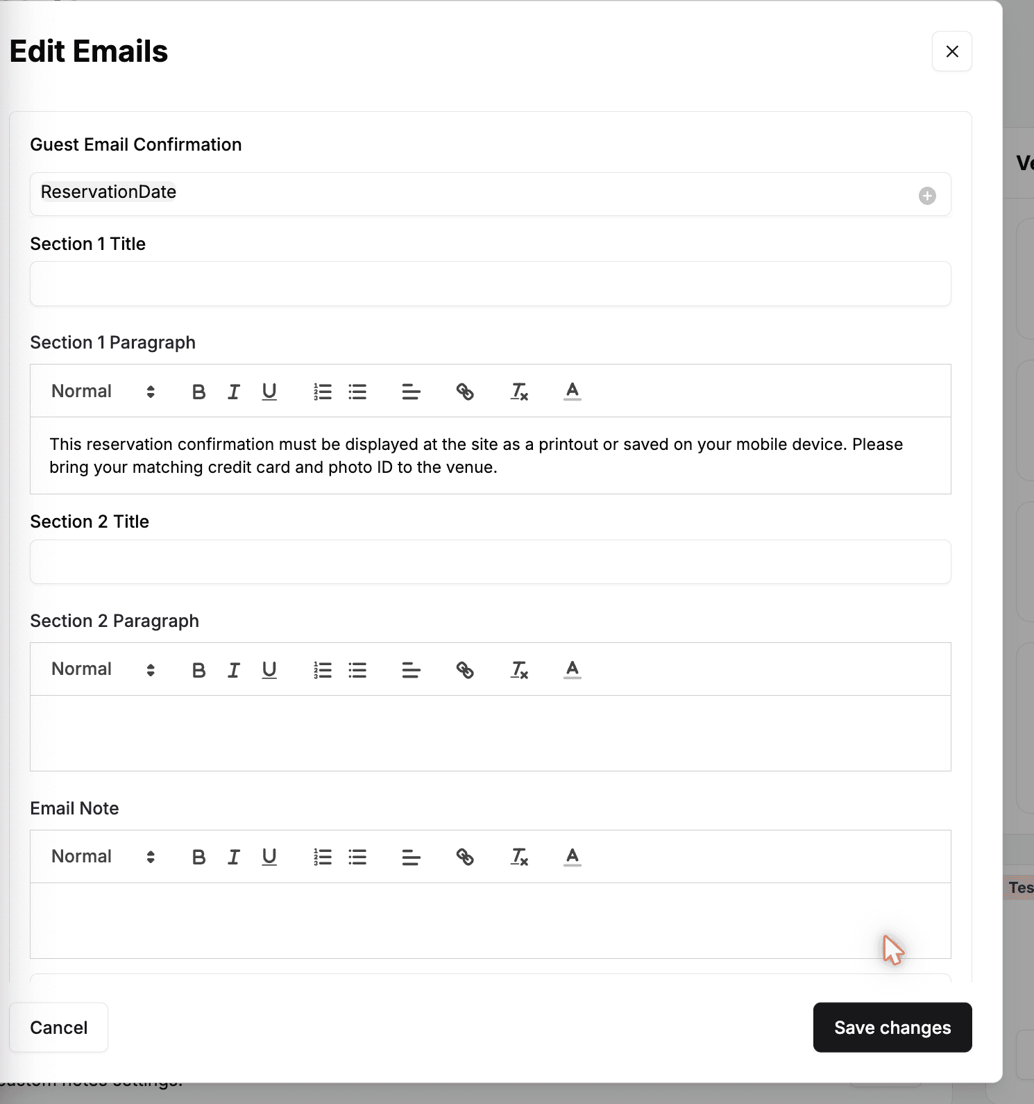 The Edit Emails editor showing the Guest Email Confirmation section with subject, section titles and paragraphs, and email note