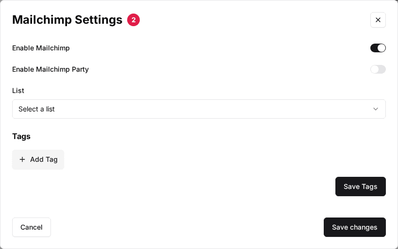 The venue's Mailchimp Settings window (2) with Enable Mailchimp, Enable Mailchimp Party, List, Tags and Save changes