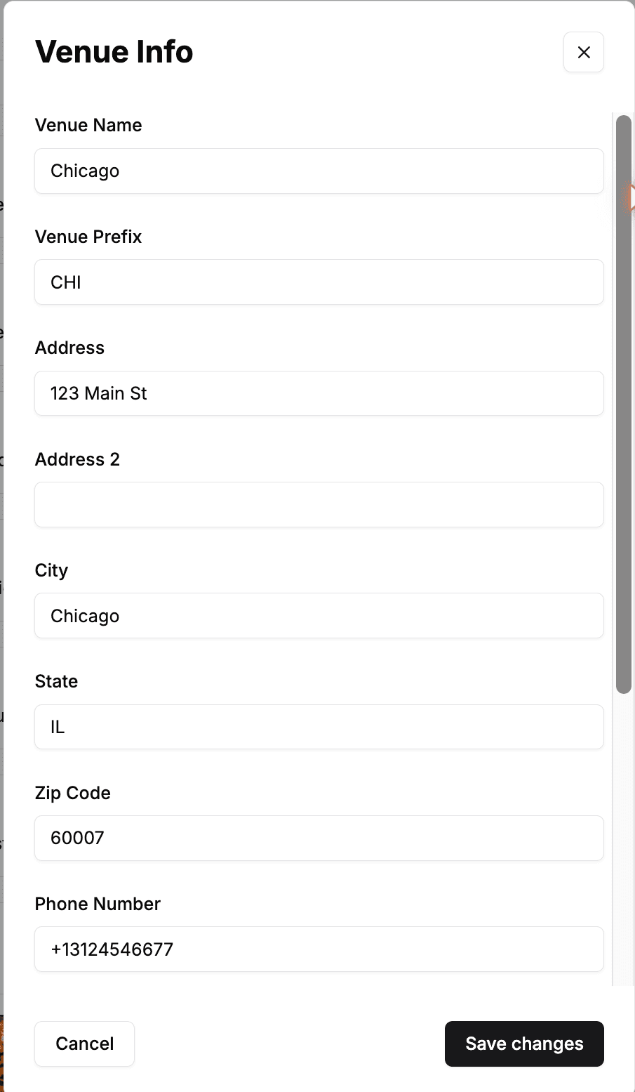 The Venue Info form showing Venue Name, Venue Prefix, Address, City, State, Zip Code, and Phone Number fields.