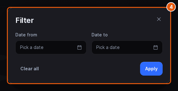 Waivers Filter dialog with Date from and Date to pickers, Clear all and Apply