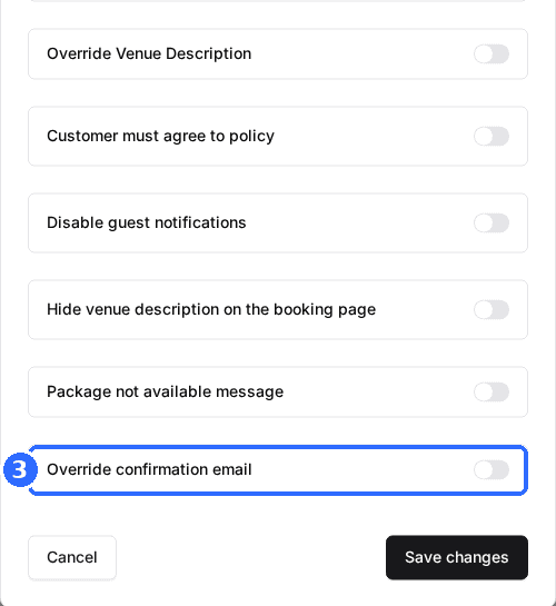 The bottom of the Package Language window with the Override confirmation email toggle highlighted above Save changes.