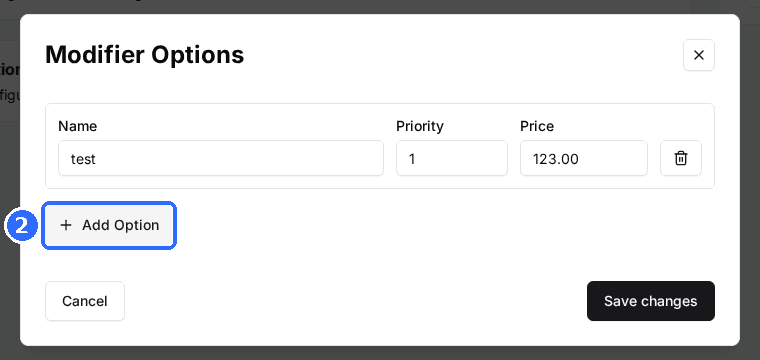 The Modifier Options window with one option row (Name, Priority, Price and a delete icon) and the Add Option button