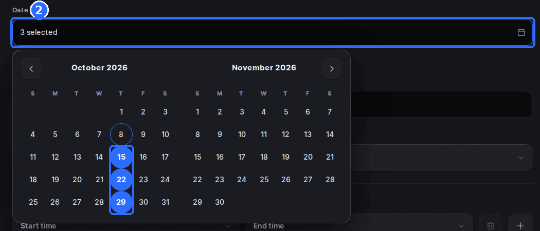 The Host App Create block form with the Date picker open on October and November 2026 and three Thursdays selected