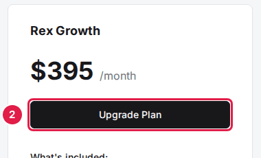 The Rex Growth plan card on Billing & Plan with its Upgrade Plan button outlined (2).