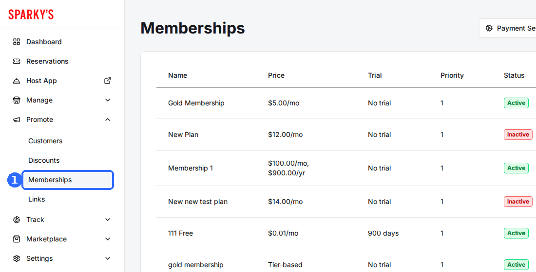 The Memberships page under Promote in the sidebar, listing plans with price, trial, priority, status and visibility