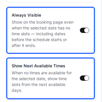 The Package Controls card with the Always Visible and Show Next Available Times toggles highlighted.