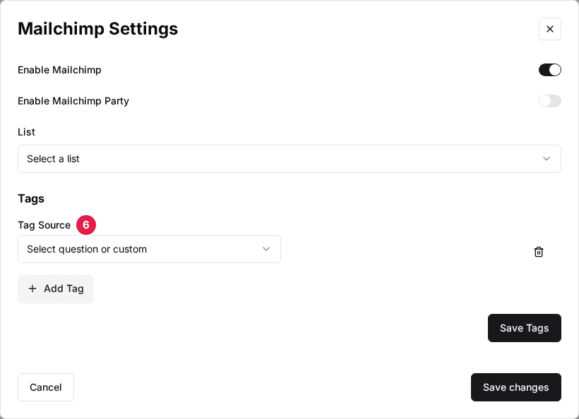 The venue's Mailchimp Settings window after clicking Add Tag, with the new Tag Source dropdown (6) and the Save Tags button