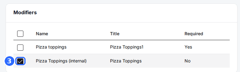 The Modifiers card on an add-on's General tab listing two modifiers with Name, Title and Required, one of them ticked