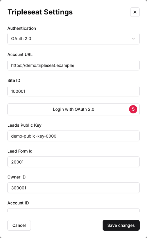 Tripleseat Settings window with Authentication set to OAuth 2.0 and the Login with OAuth 2.0 button marked (5); placeholder account values