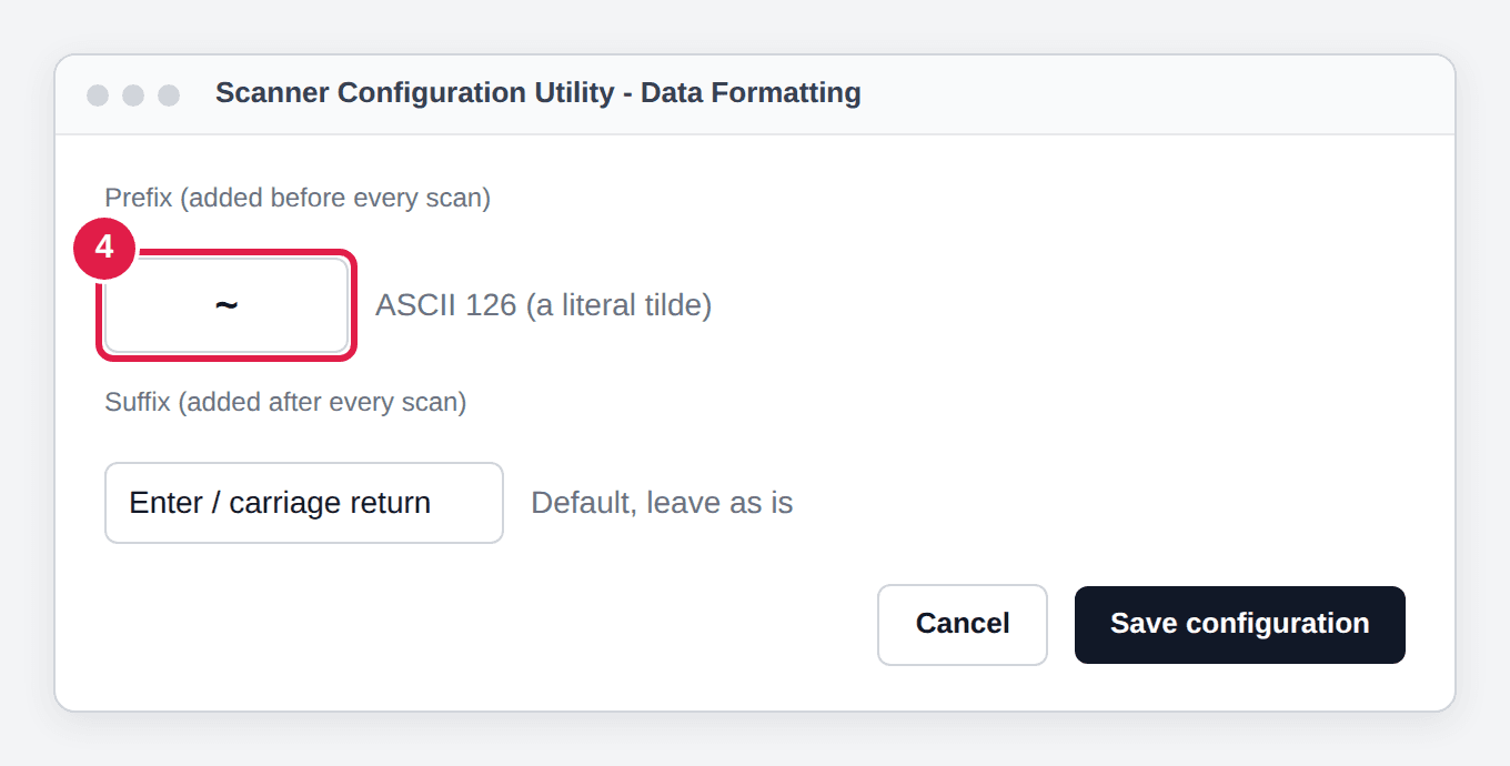 Illustration: the utility's Data Formatting settings with the prefix set to ~ (ASCII 126) and the suffix left as Enter
