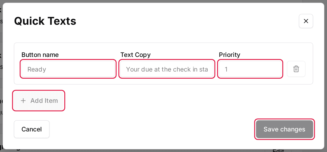 The Quick Texts window in read-only mode, with Button name, Text Copy and Priority greyed out, and Add Item and Save changes disabled