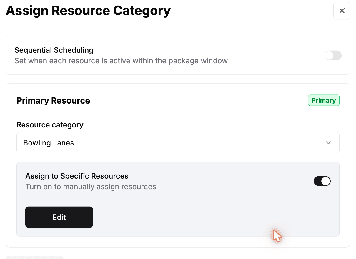 The Assign Resource Category dialog with a category selected and the "Assign to Specific Resources" toggle turned on
