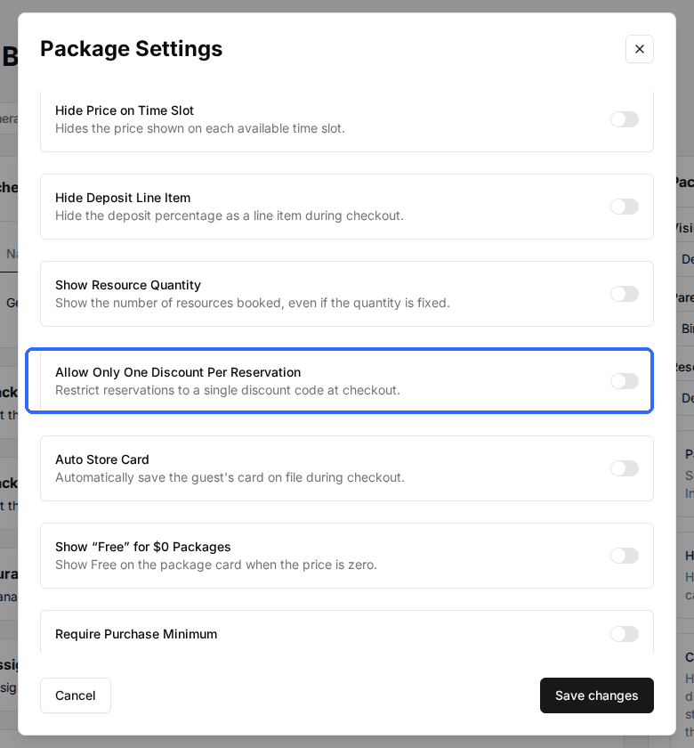 A package's Package Settings window scrolled to the Allow Only One Discount Per Reservation toggle