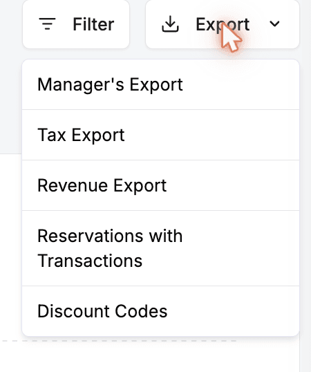 The Export dropdown on the Reports page open, listing the five export types: Manager's Export, Tax Export, Revenue Export, Reservations with Transactions, and Discount Codes