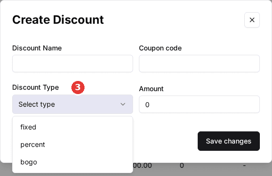 The Create Discount window with Discount Name, Coupon code, Discount Type (open, showing fixed, percent and bogo) and Amount