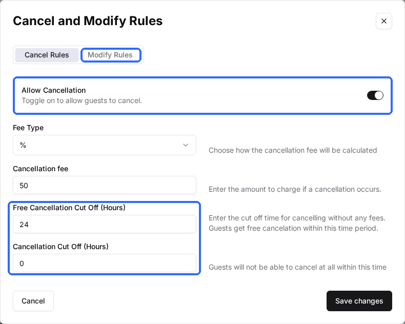 The Cancel and Modify Rules window with Allow Cancellation, the Modify Rules tab and the cancellation cut-off hour fields highlighted.