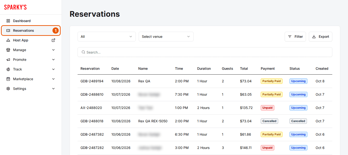 The admin dashboard with Reservations highlighted in the left menu and the reservations list showing number, date, name, time, duration, guests, total, payment, status and created columns (guest names blurred)