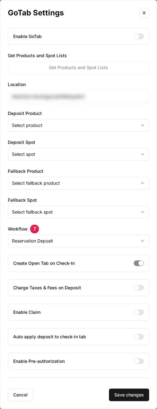 The venue's GoTab Settings window scrolled to the Workflow dropdown (7), with the workflow switches below it and Save changes at the bottom; the Location value is blurred