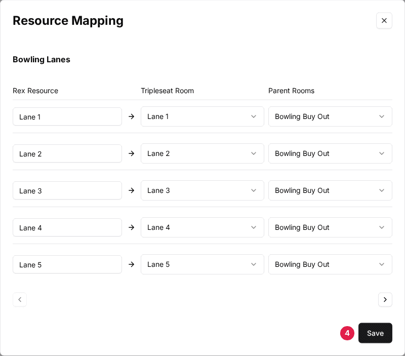 The Resource Mapping window for the first category with the Save button marked (4) and the arrows to move between categories