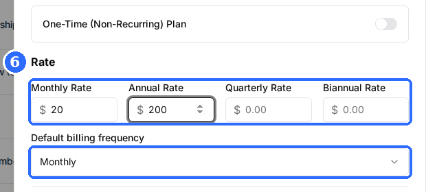 The Rate section of the Create Plan window with Monthly Rate and Annual Rate filled in and the Default billing frequency dropdown