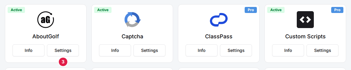Integration cards on the Global Integrations page; an added card shows Info and Settings, with Settings marked (3)