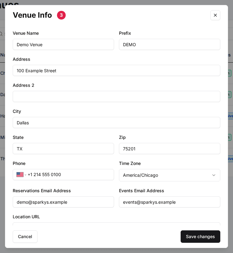 The Venue Info form filled in with example details, from Venue Name and Prefix down to the contact emails (3)