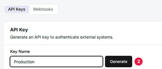The API Keys tab with the Key Name field filled in with Production and the Generate button marked (2)