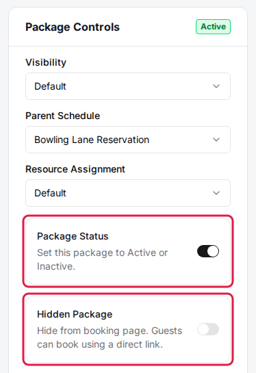 A package's Package Controls panel in the admin dashboard with the Package Status switch and the Hidden Package switch outlined.